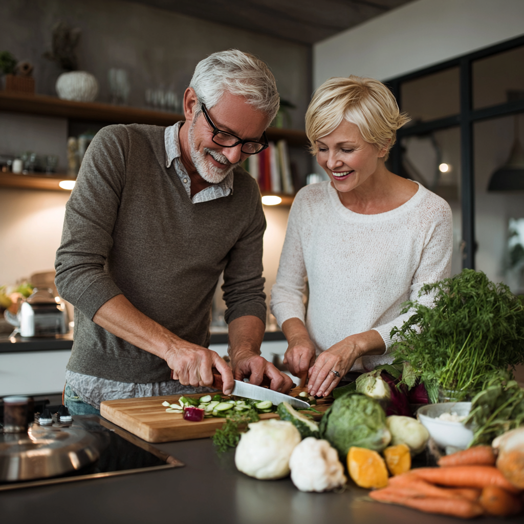middle-aged couple preparing healthy meal together in modern kitchen