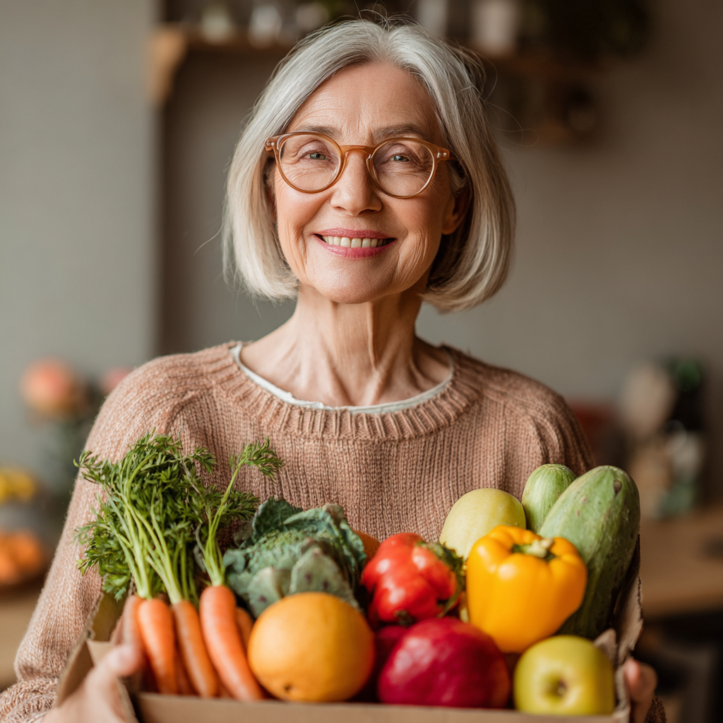 satisfied mature woman holding colorful vegetables and fruits after successful meal planning